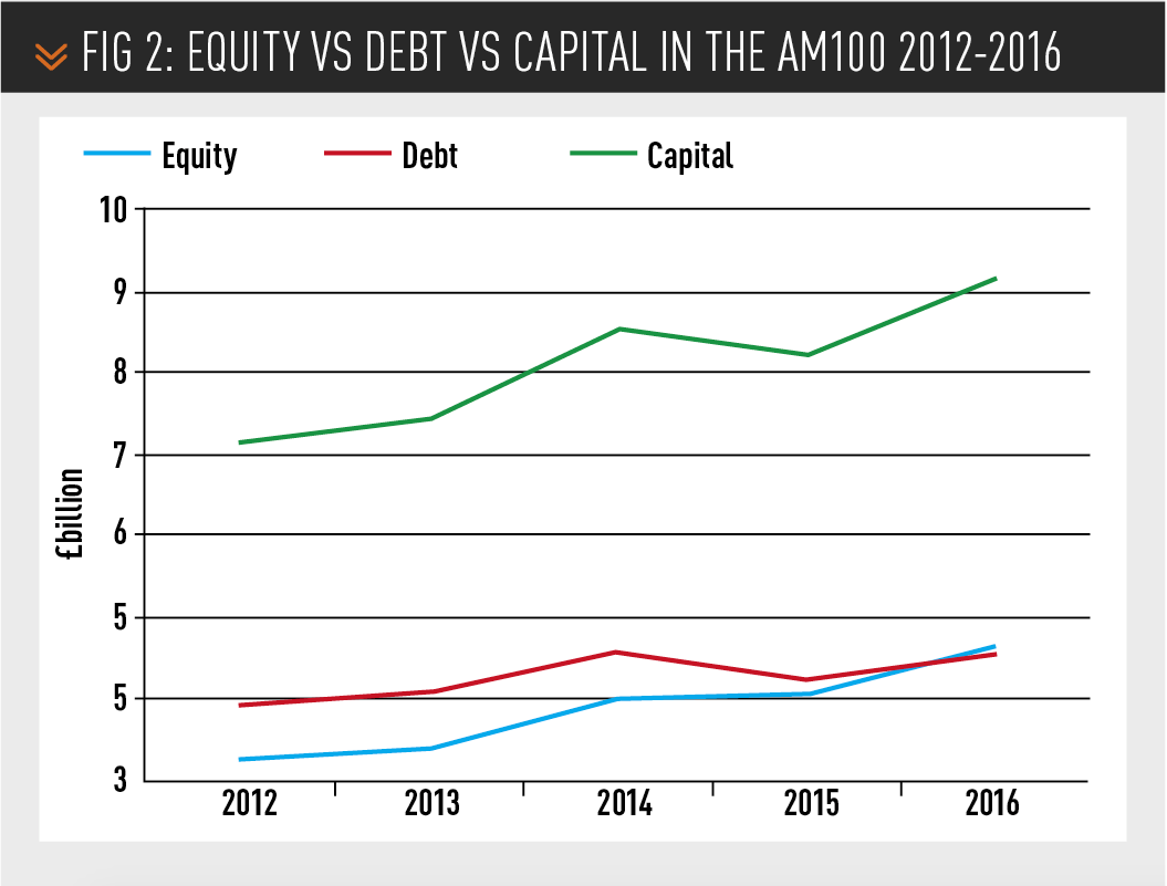 Equity vs debt vs capital in the Am100 2012-2016
